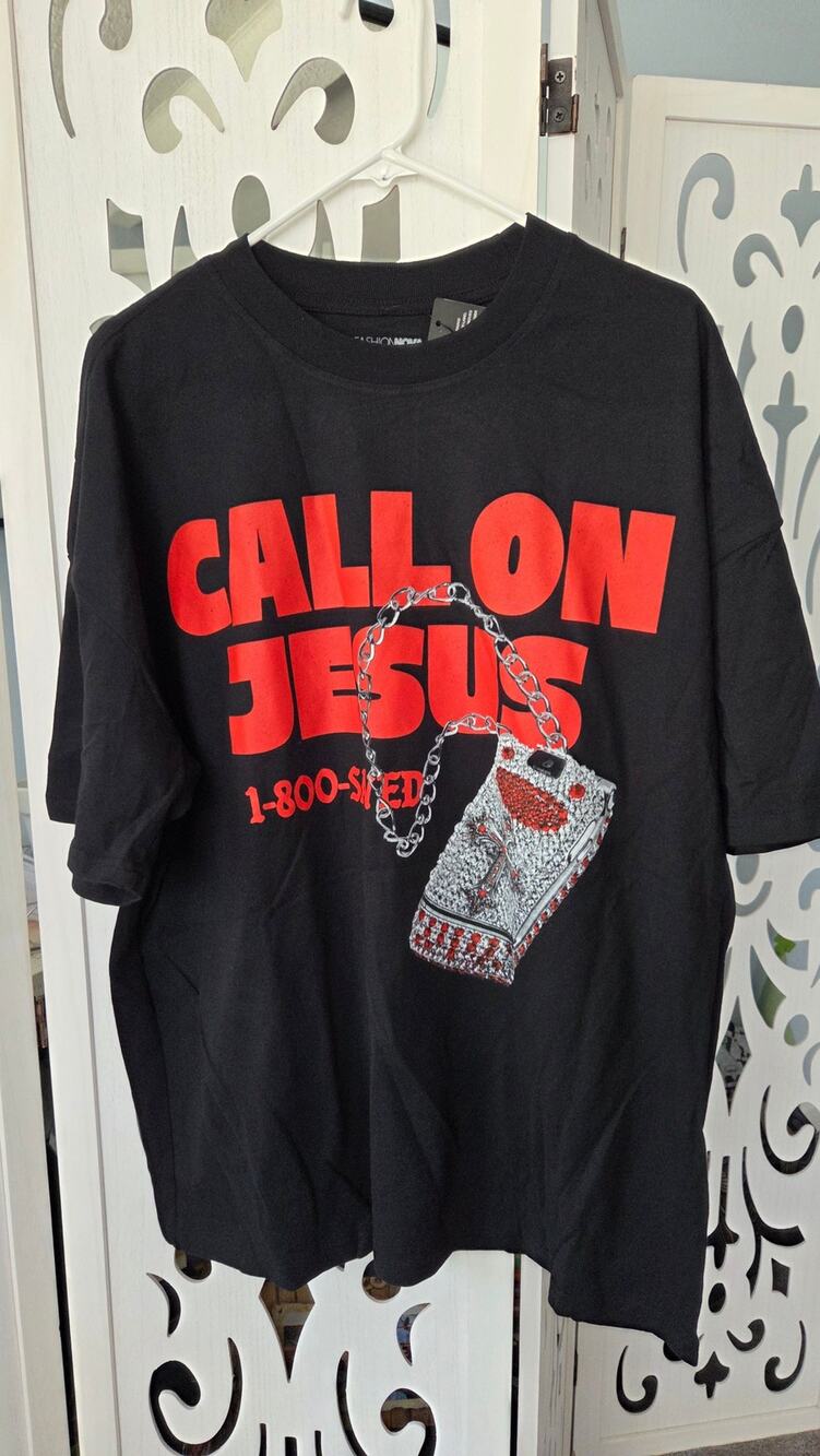 Fashion Nova Call On Jesus Oversized Tee Shirt Black Rhinestone Graphic Men's XL
